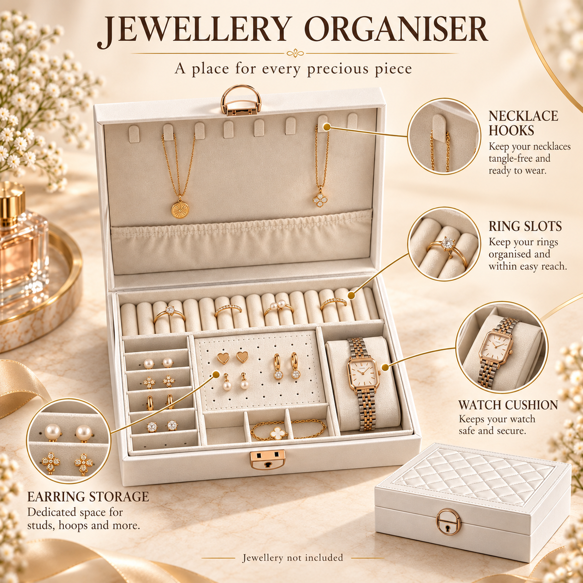 Luxury Jewelry Storage Box with Lock – White