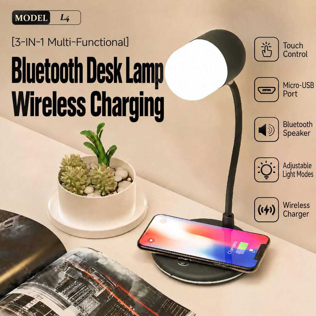 3-in-1 LED Desk Lamp with Bluetooth Speaker & Wireless Charger