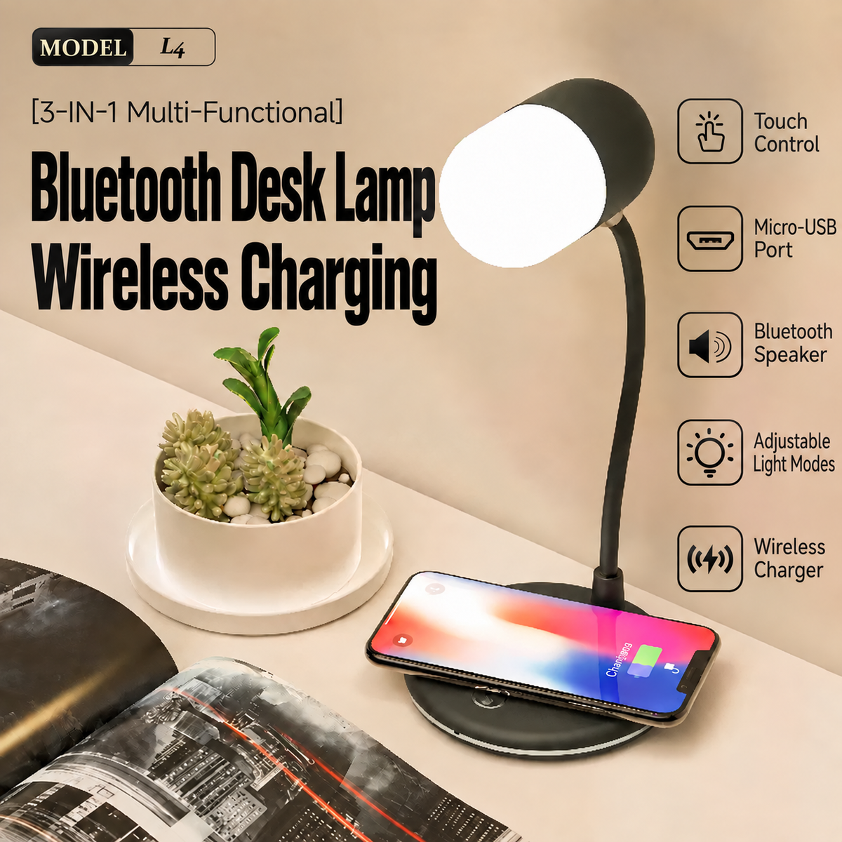 3-in-1 LED Desk Lamp with Bluetooth Speaker & Wireless Charger