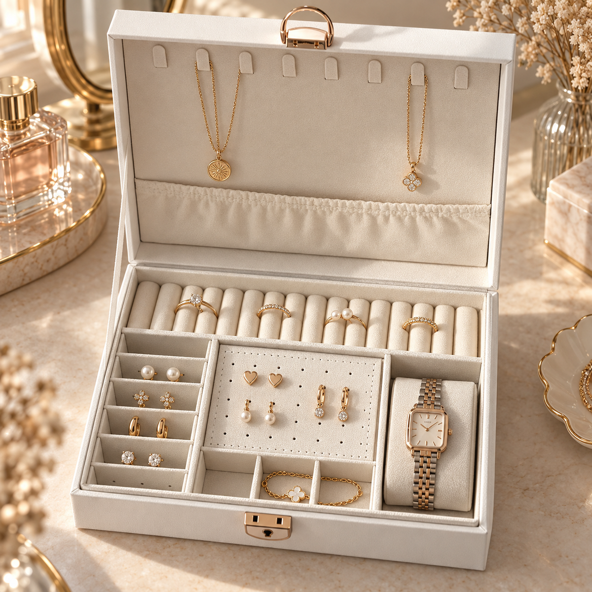 Luxury Jewelry Storage Box with Lock – White
