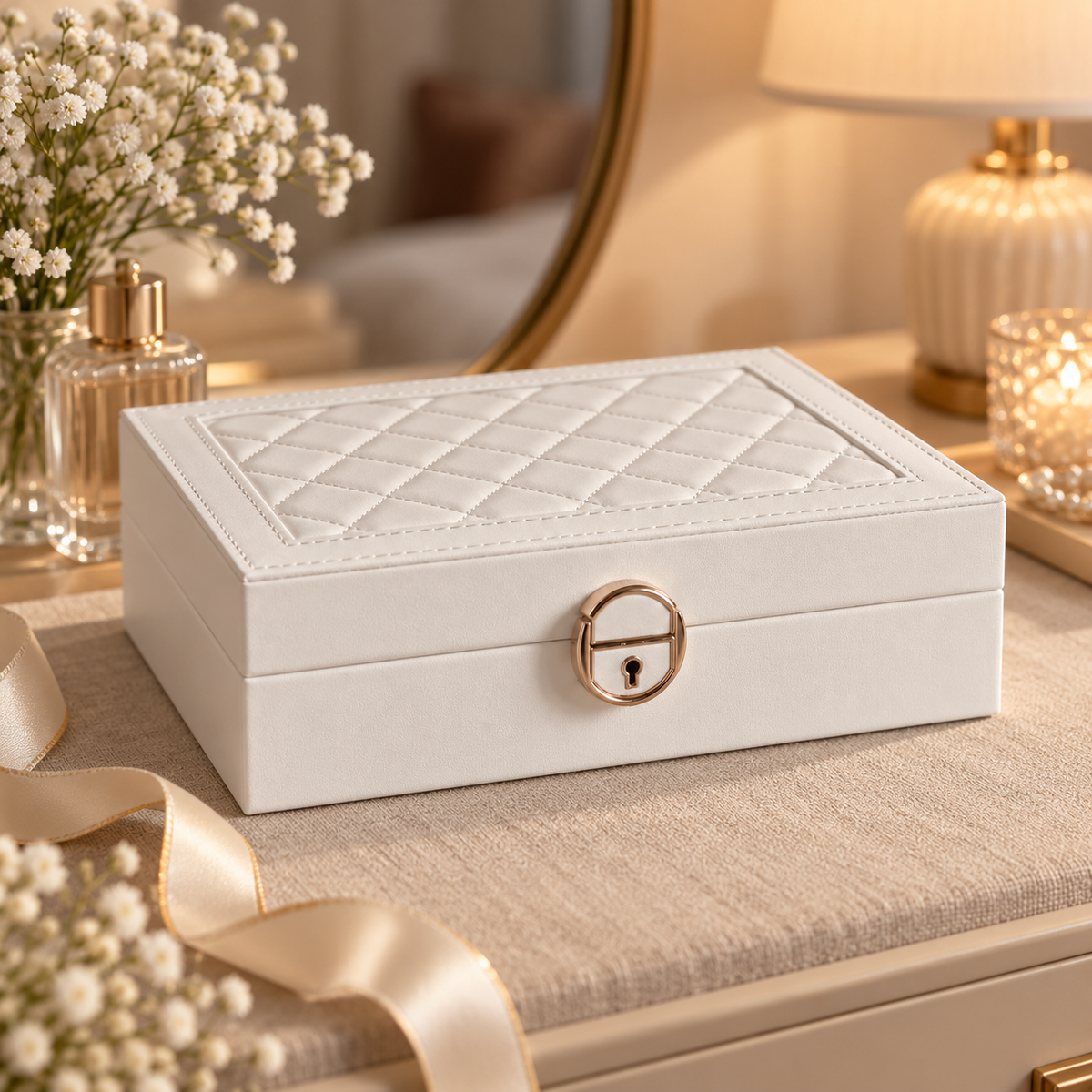 Luxury Jewelry Storage Box with Lock – White